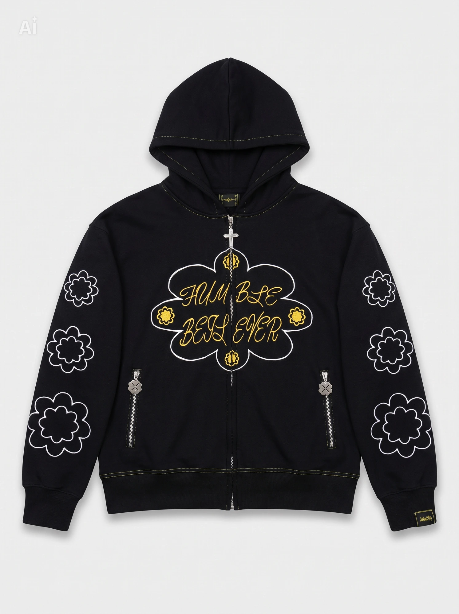 The Covenant Zip-Up front, laid flat — gold Humble Believer script and cross zipper